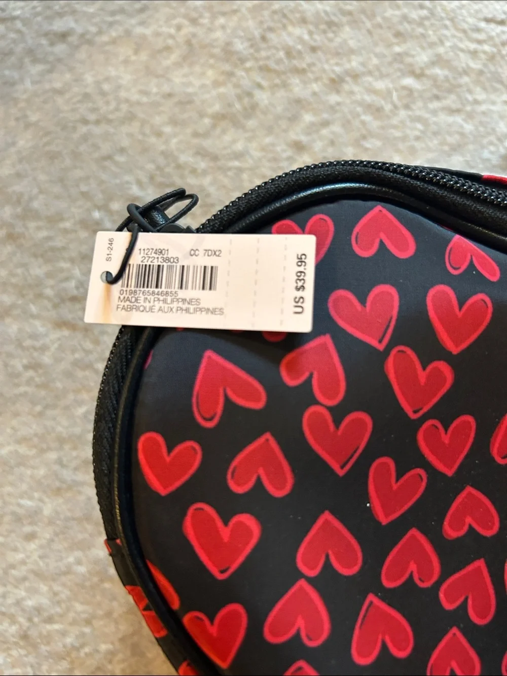 Heart-Shaped Cosmetic Case with Red Hearts on Black NWT